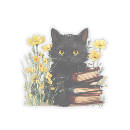 Cute Black Cat with Books and Flowers Sticker