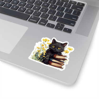 Cute Black Cat with Books and Flowers Sticker