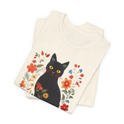 Embroidery-Style Black Cat and Flowers Shirt