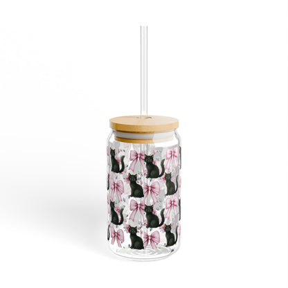 Cute Black Cats and Pink Bows Jar Glass with Lid