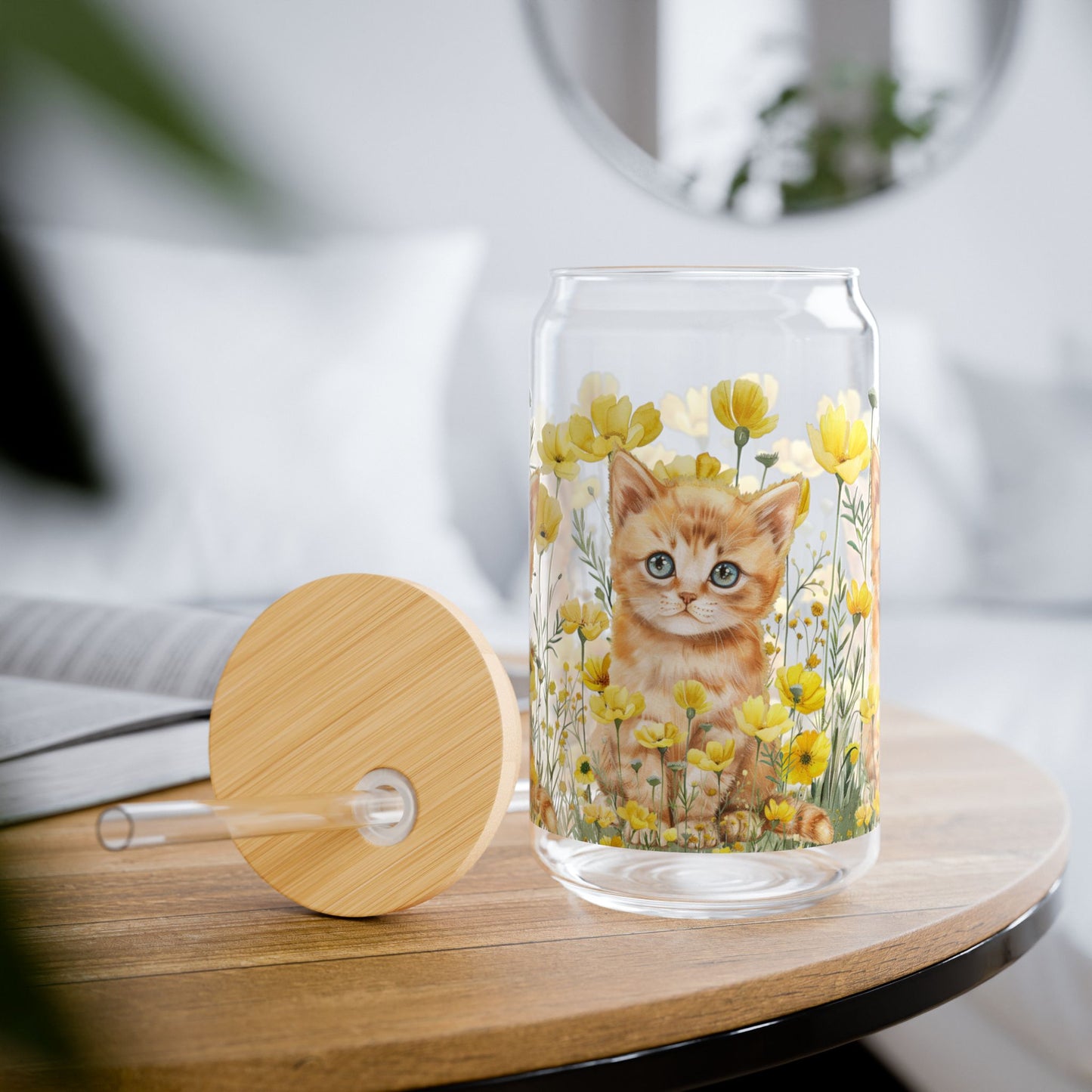 Tabby Cat Floral Jar Glass with Lid