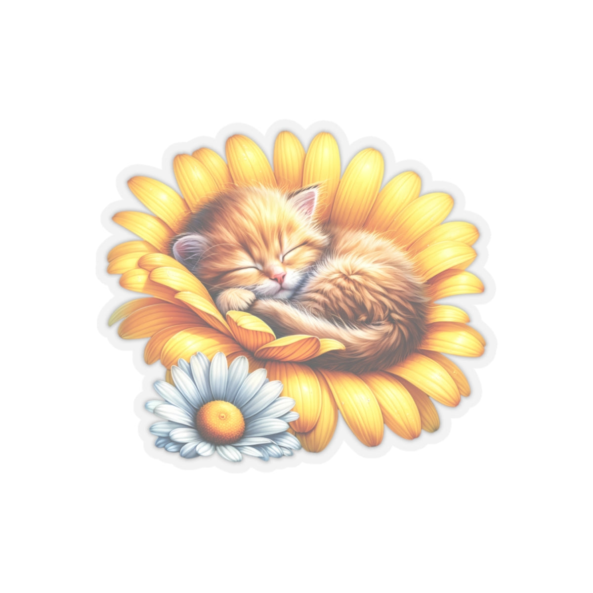 Sleeping Orange Kitten Daisy Flower Sticker