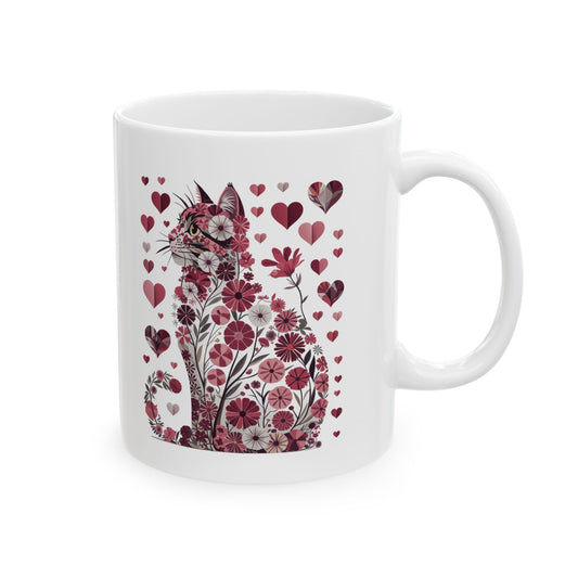 Pink Floral Hearts Cat Mug