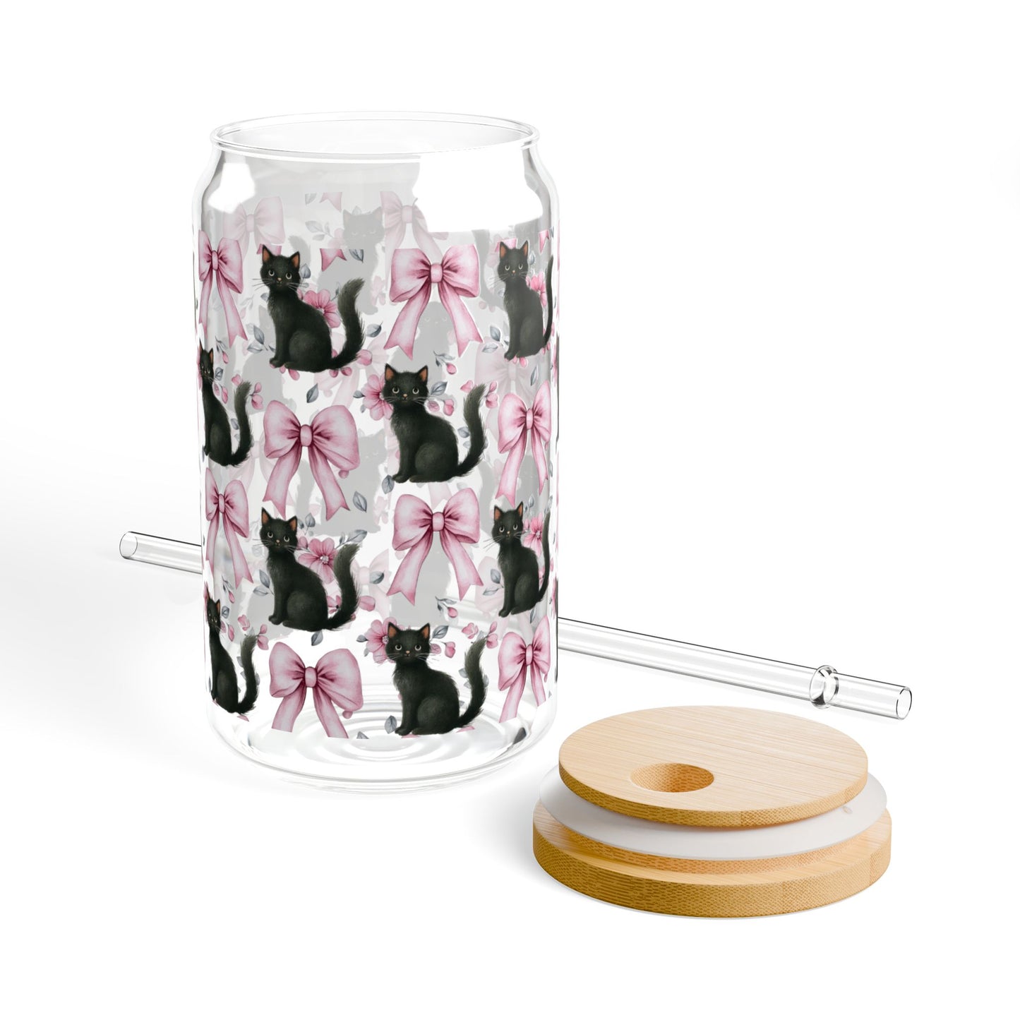 Cute Black Cats and Pink Bows Jar Glass with Lid