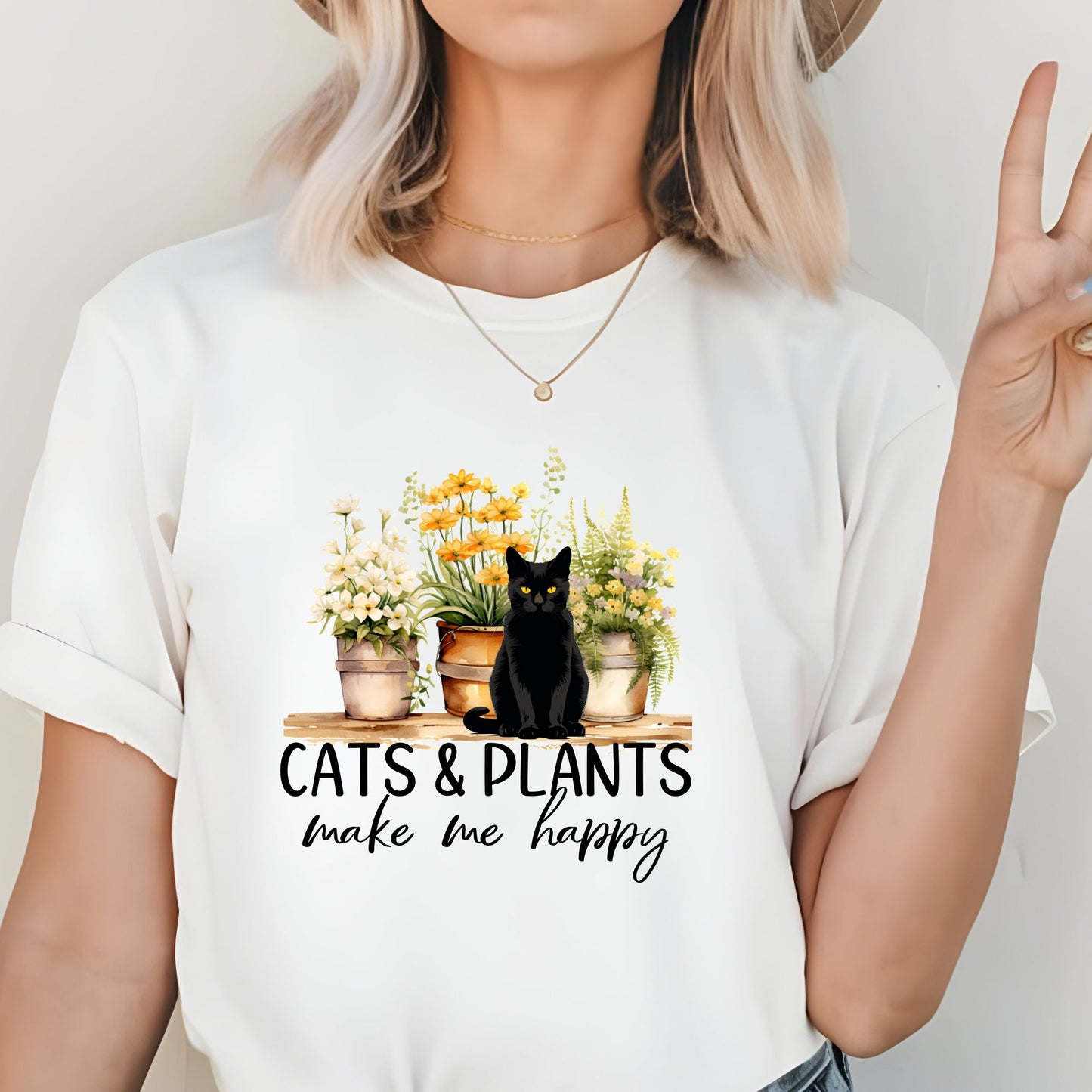 Cat T-Shirt - Cats & Plants Make Me Happy