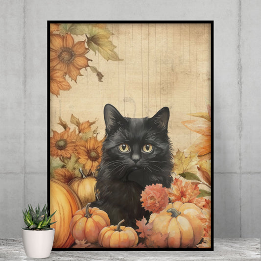 Vintage Black Cat Pumpkin Fall Flowers Poster