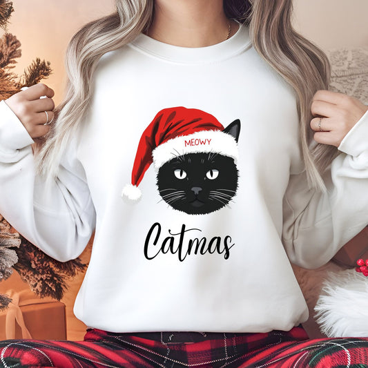 Cat Face Santa Hat Sweatshirt, Meowy Catmas Design