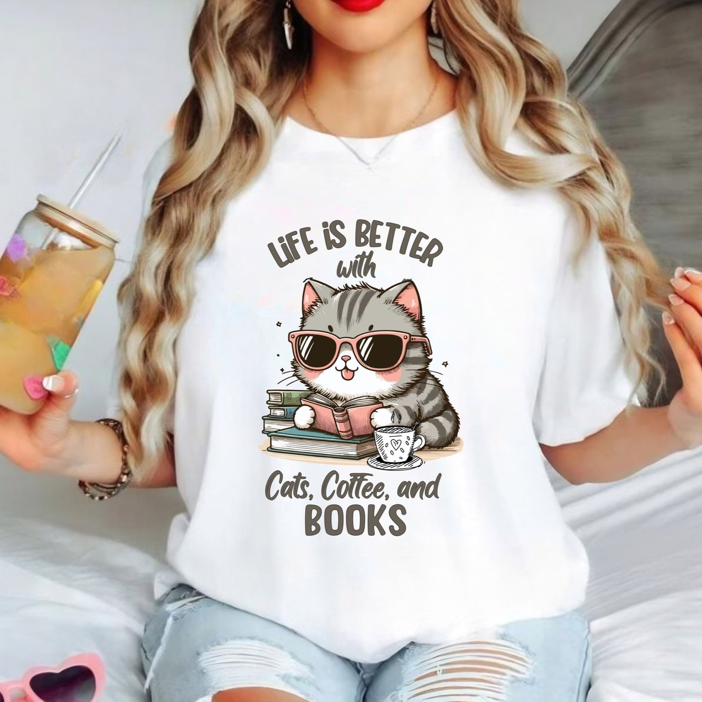 Cat Coffee Books Tee