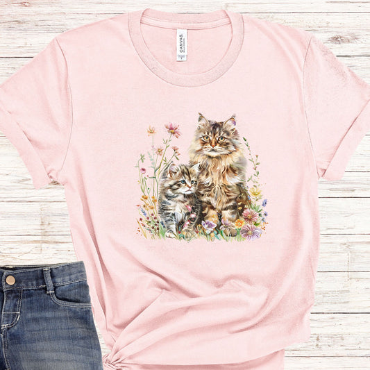 Cat Tee , Maine Coon Cat Wildflowers