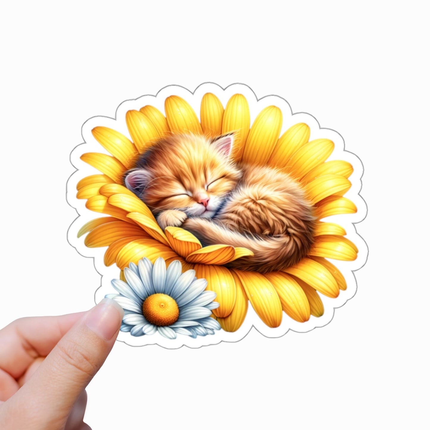 Sleeping Orange Kitten Daisy Flower Sticker