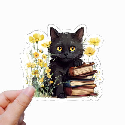 Cute Black Cat with Books and Flowers Sticker