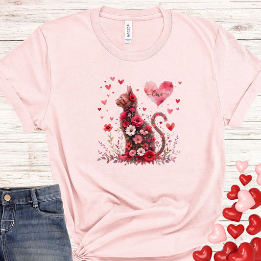 Pink Floral Hearts Tabby Cat T Shirt