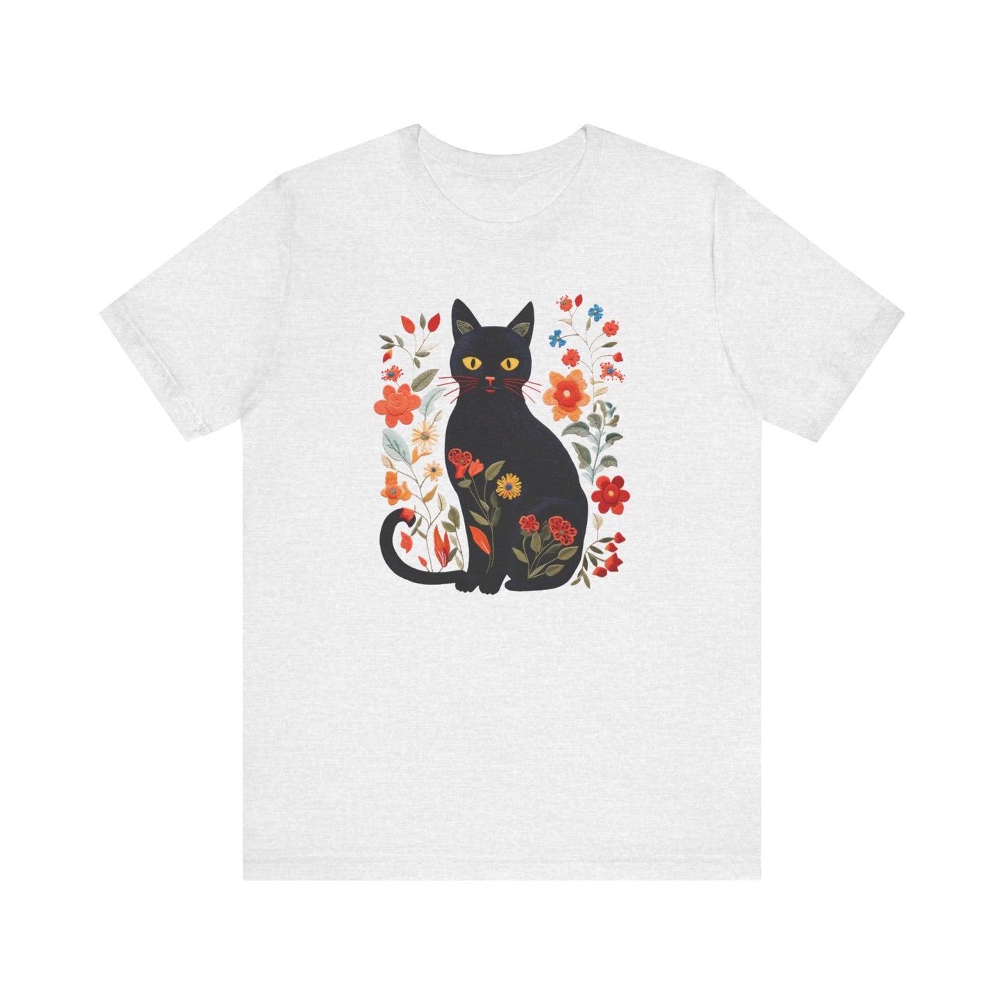 Embroidery-Style Black Cat and Flowers Shirt