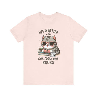 Cat Coffee Books Tee