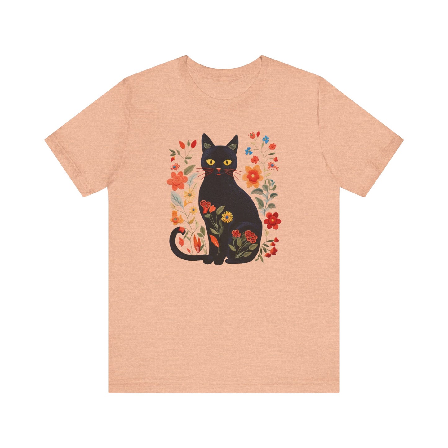 Embroidery-Style Black Cat and Flowers Shirt