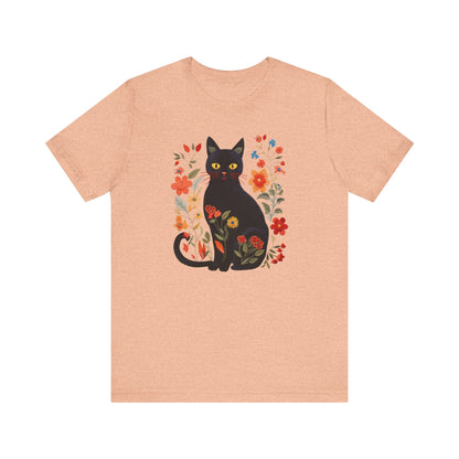 Embroidery-Style Black Cat and Flowers Shirt