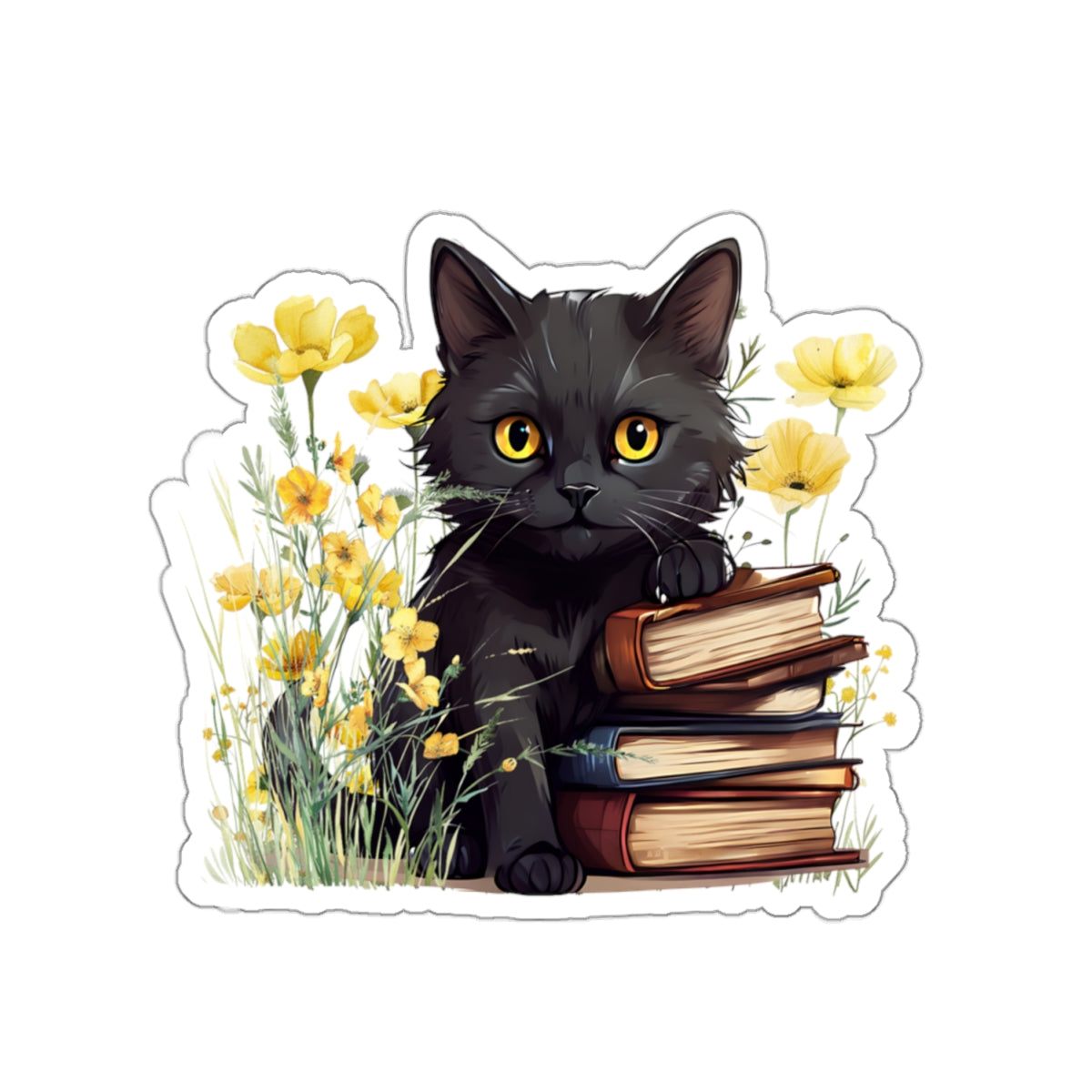 Cute Black Cat with Books and Flowers Sticker