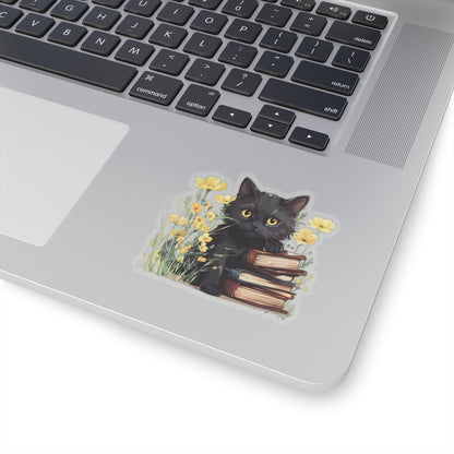 Cute Black Cat with Books and Flowers Sticker