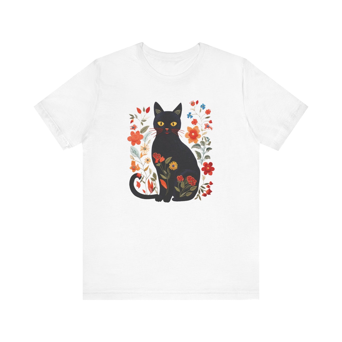 Embroidery-Style Black Cat and Flowers Shirt