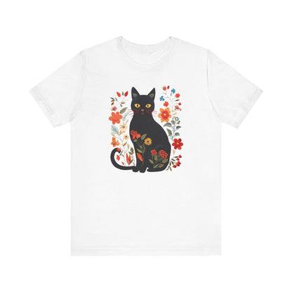 Embroidery-Style Black Cat and Flowers Shirt