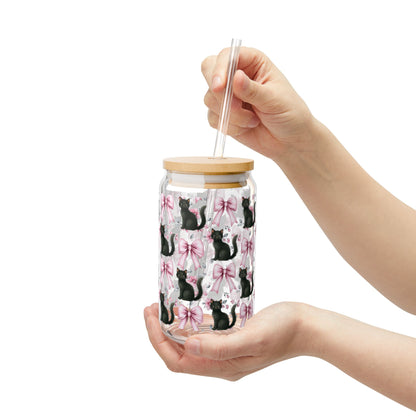 Cute Black Cats and Pink Bows Jar Glass with Lid