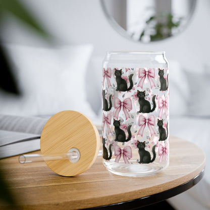 Cute Black Cats and Pink Bows Jar Glass with Lid