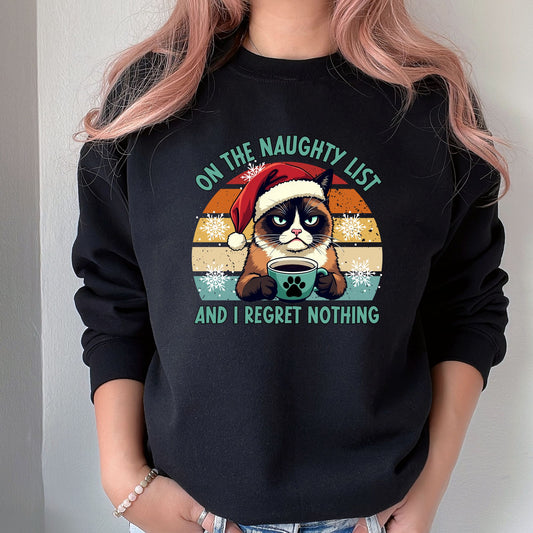 Santa Cat Sweatshirt, Grumpy Cat on Naughty List Funny Quote