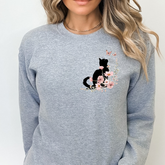 Pink Floral Black Cat Sweatshirt