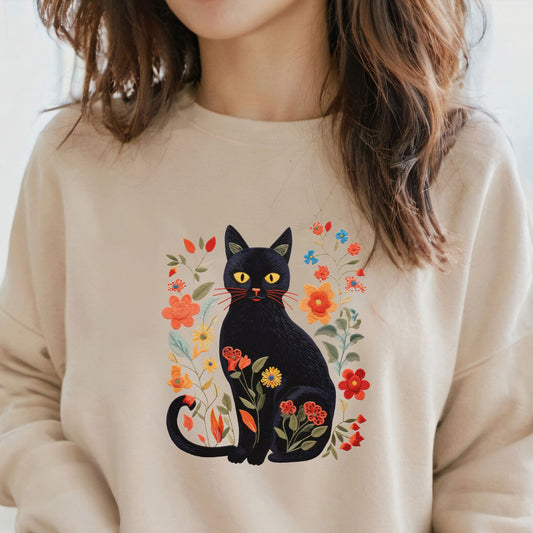 Embroidery-Style Black Cat and Flowers Sweatshirt