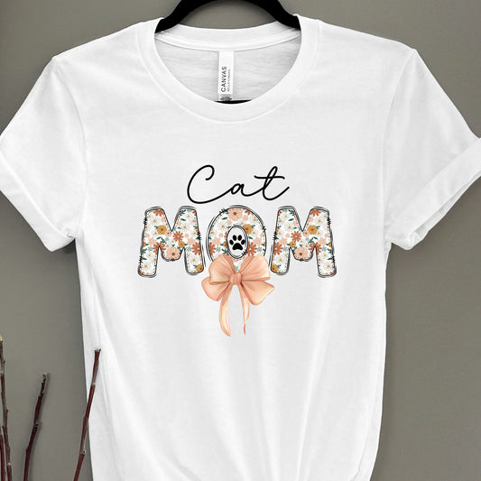 Cat Mom Tee with Floral Lettering