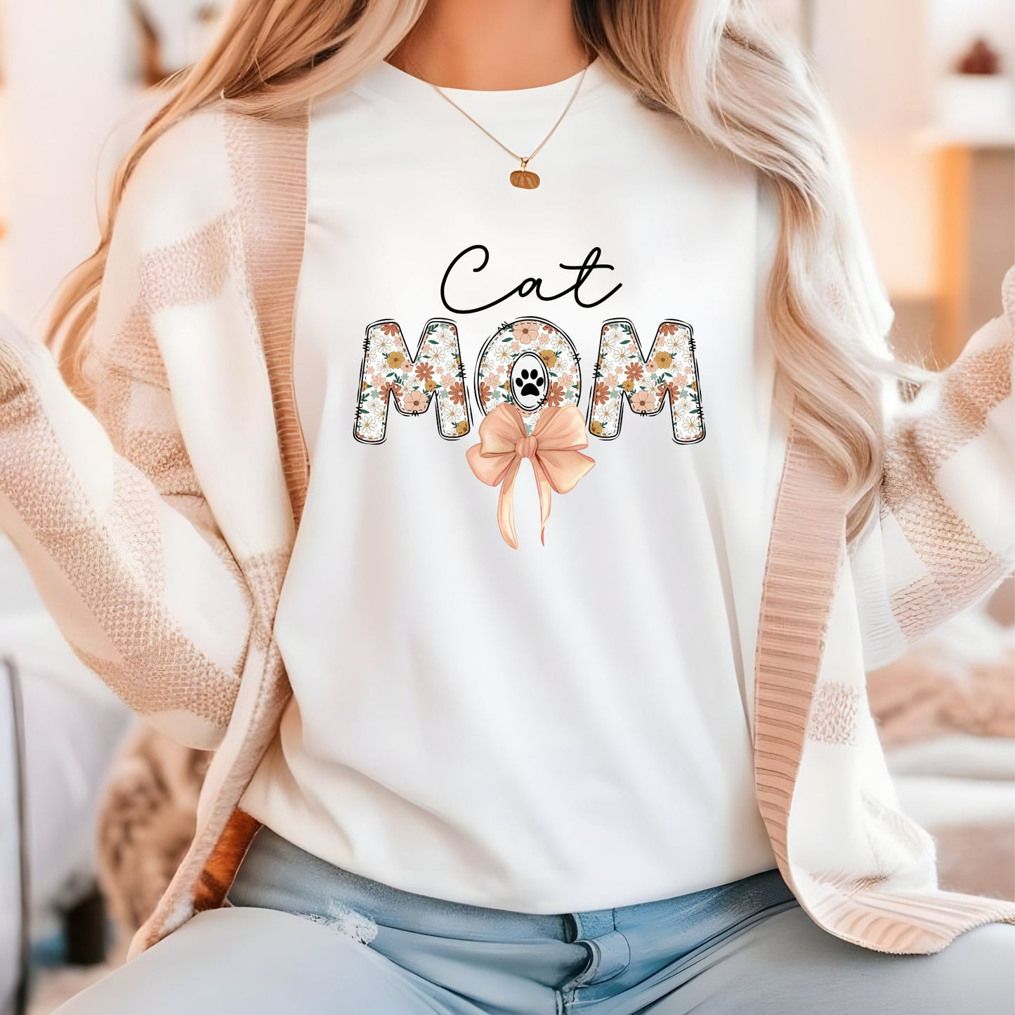 Cat Mom Tee with Floral Lettering