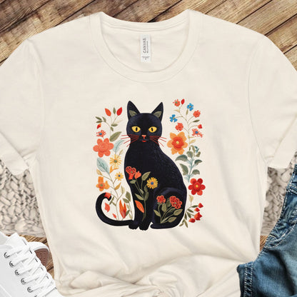 Embroidery-Style Black Cat and Flowers Shirt