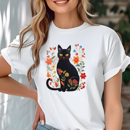 Embroidery-Style Black Cat and Flowers Shirt