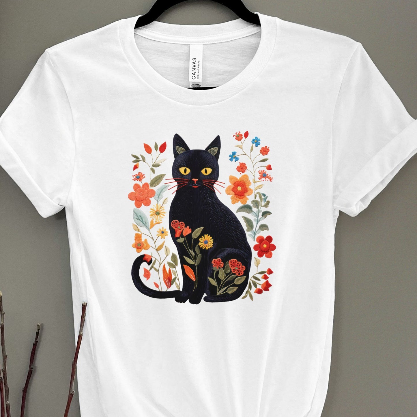 Embroidery-Style Black Cat and Flowers Shirt